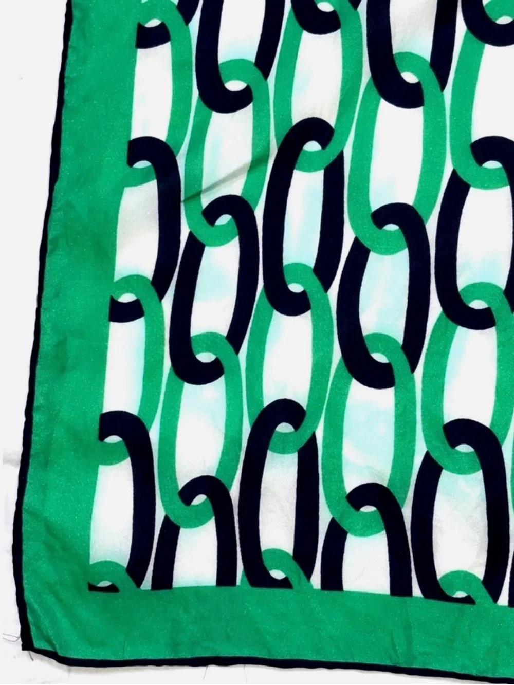 Vintage Jean Été Chain Print Square Scarf Green Navy Mod Preppy Silk Feel